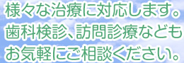 様々な治療に対応します。歯科検診、訪問診療などもお気軽にご相談ください。